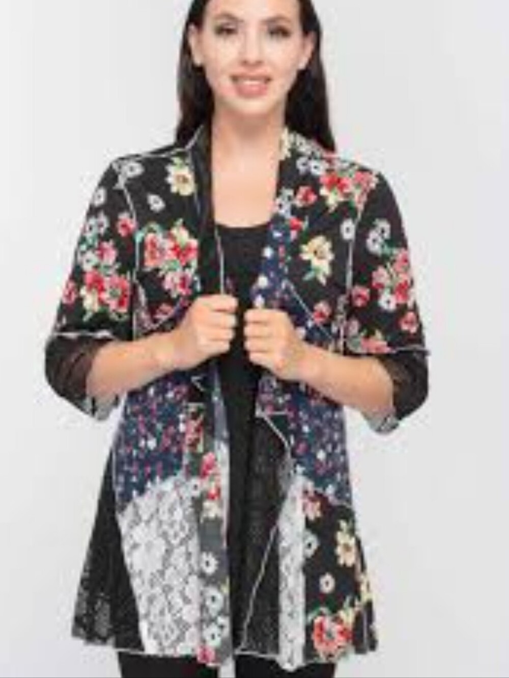 Creation Floral Black Open-Front Women’s Cardigan Size Medium